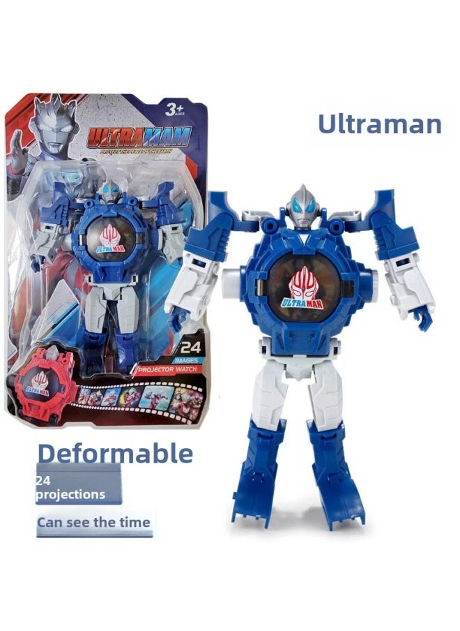 Generic - Projection Ultraman Avengers League Of Legends Transformation Light Electronic Deformation Watch Children's Watch Toys Gifts-Color:3025 Blue Ultraman Transformation [24 Picture Projection + Time] - Image 1