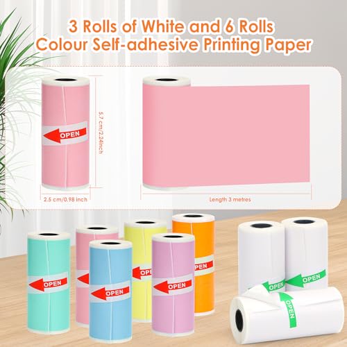 HuiJuKeJi 9 Rolls Mini Printer Sticker Paper,Thermal Self-Adhesive Paper 57 * 25mm,3 Rolls of White &6 Rolls of Colour Paper for Pocket Inkless Portable Bluetooth Printer to Print Photo,Note - Image 2