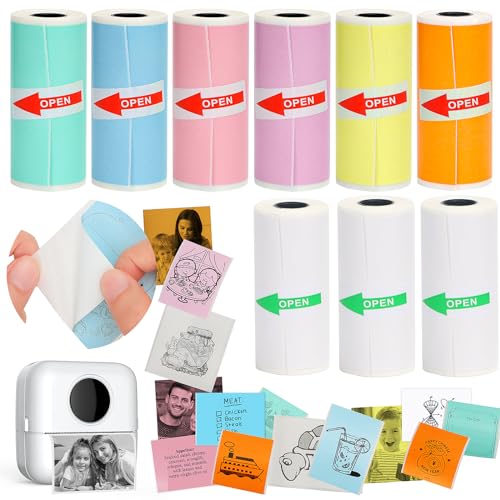 HuiJuKeJi 9 Rolls Mini Printer Sticker Paper,Thermal Self-Adhesive Paper 57 * 25mm,3 Rolls of White &6 Rolls of Colour Paper for Pocket Inkless Portable Bluetooth Printer to Print Photo,Note - Image 1
