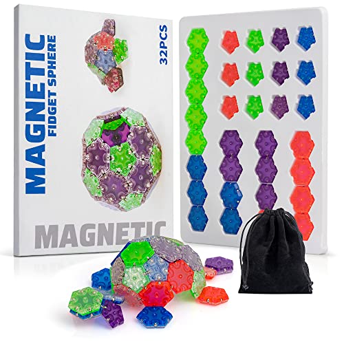 Twiddler Toys 32 Pcs Magnetic Fidget Sphere with Storage Bag  20 Hexagons and 12 Pentagons Multicolor  Satisfying Magnet Desk Toy for Adults - Image 1