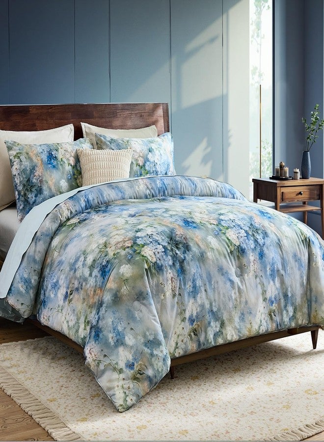 Bedorm Floral Queen Comforter Set 3 Pcs Country Cotton Bedding Blue White Flower Botanical Monet Style Bedroom Decor Artwork Chic Bedding Comforter All Season - Image 2