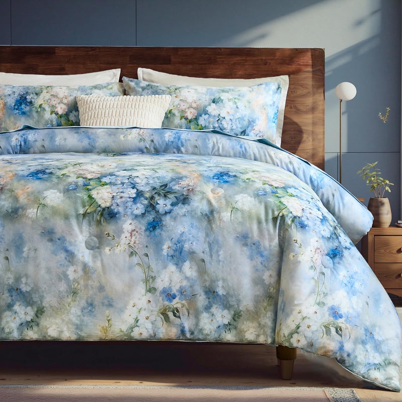 Bedorm Floral Queen Comforter Set 3 Pcs Country Cotton Bedding Blue White Flower Botanical Monet Style Bedroom Decor Artwork Chic Bedding Comforter All Season - Image 1