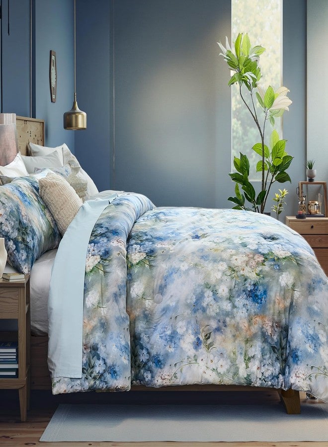 Bedorm Floral Queen Comforter Set 3 Pcs Country Cotton Bedding Blue White Flower Botanical Monet Style Bedroom Decor Artwork Chic Bedding Comforter All Season - Image 5