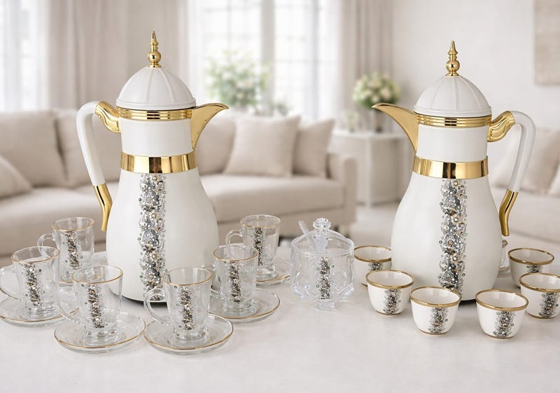 Radin Premium Arabic Coffee & Tea Thermos Set – 2 Elegant Dallah Flasks + 6 Glass Cups + 6 Ceramic Cawa Cups + Sugar Pot ' Gift Set for Home, Majlis & Special Occasions - Image 1
