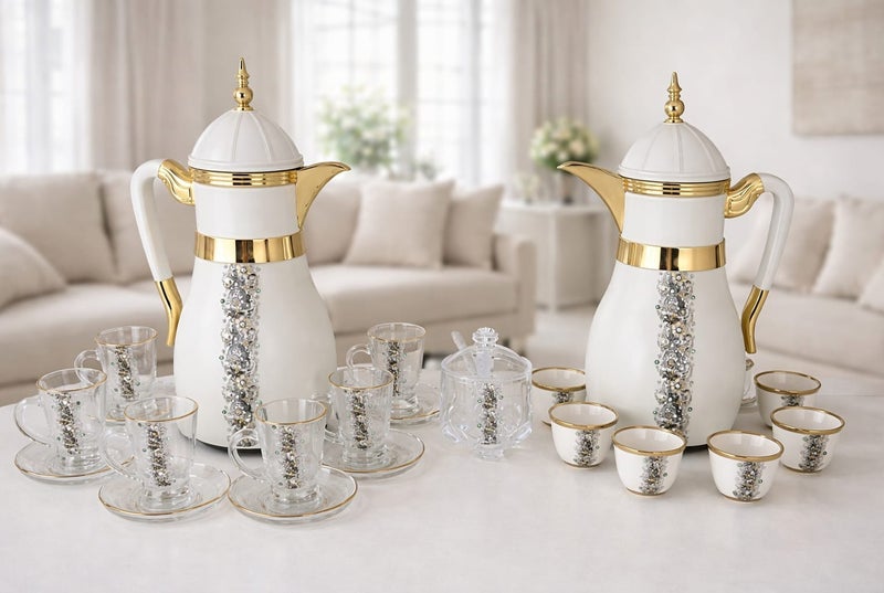 Radin Premium Arabic Coffee & Tea Thermos Set – 2 Elegant Dallah Flasks + 6 Glass Cups + 6 Ceramic Cawa Cups + Sugar Pot ' Gift Set for Home, Majlis & Special Occasions - Image 2
