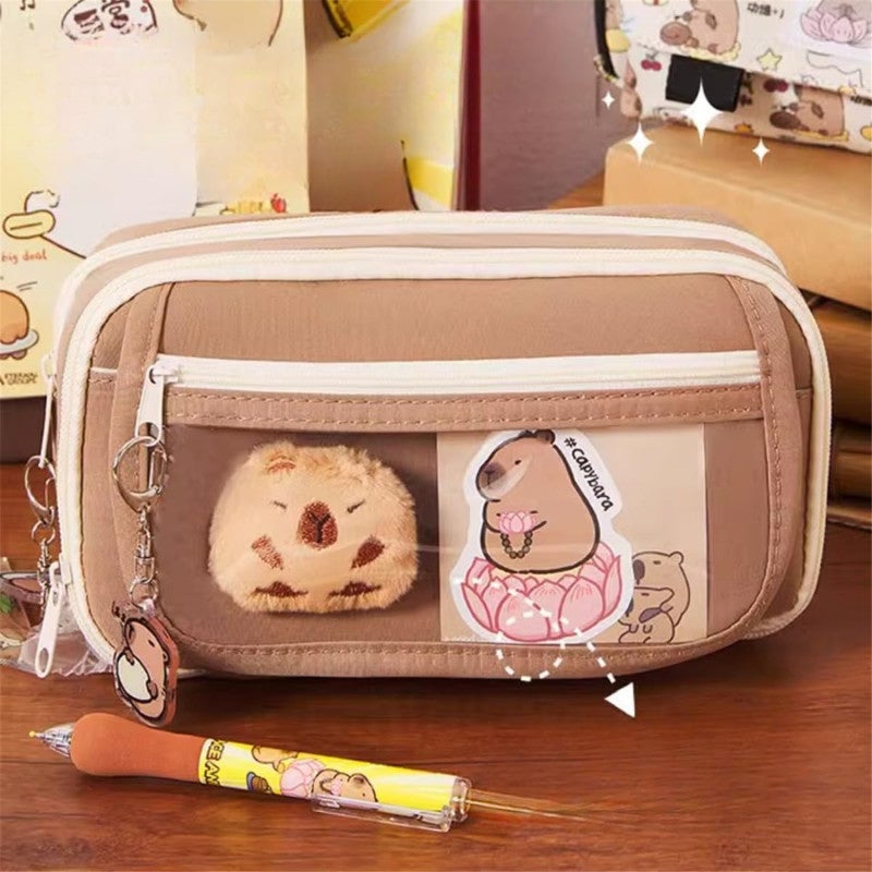 Capybara Canvas Makeup Bag: Large Capacity Coffee Pouch - Durable Multipurpose Storage for Travel, Artists And Makeup Lovers - Image 3