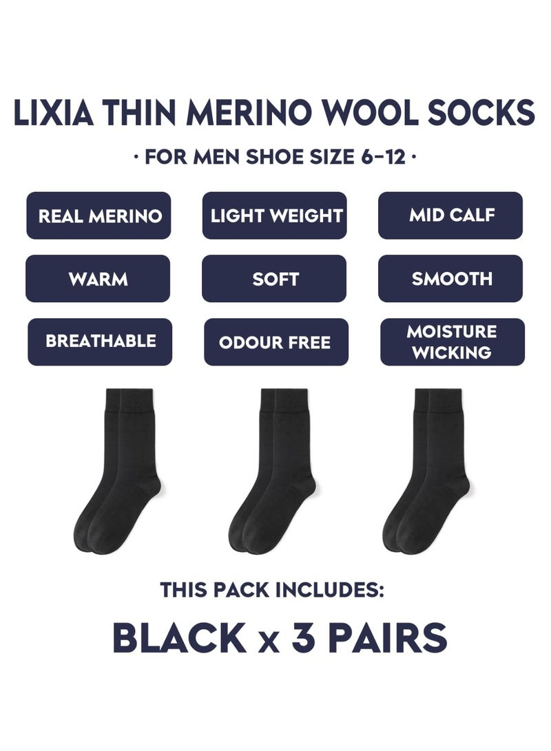 Men's Thin Merino Wool Mid-Calf Dress Socks, Warm & Breathable, Black, 3 Pairs - Image 1