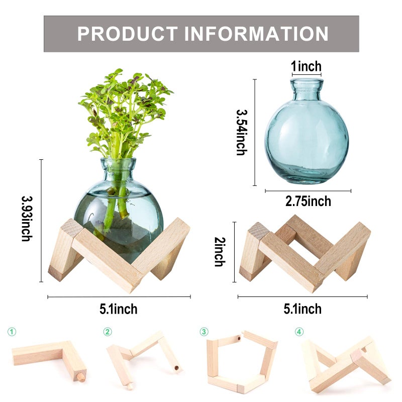 wangsdjy Plant Propagation Station, Plant Terrarium with Wooden Stand for Hydroponic Plant Propagation, Propagation Vases for Plants, Green Glass Bulb Vases for Home Office Decor (2) - Image 2