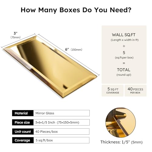 Diflart Peel and Stick Mirror Backsplash, Gold, 3x6 Inch, Beveled Mirror Subway Kitchen Bar Wall Tile (5 Sq.ft, 40 Pcs) - Image 3