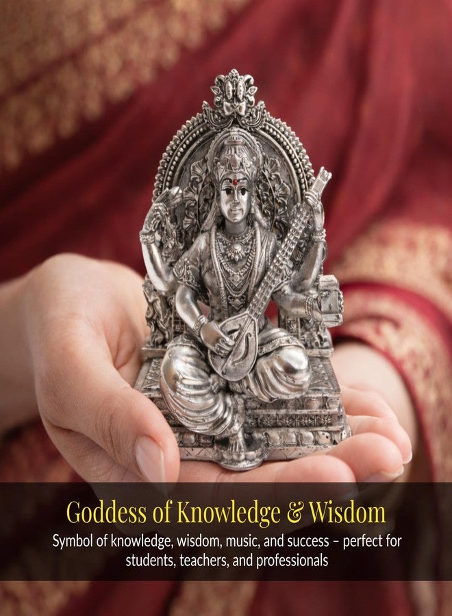 Dev Aastha Premium Silver-Plated Saraswati Idol | Saraswati maa Idol for Home Temple | Pooja Room | Study Table | Office Décor | Saraswati maa Murti for Diwali | 3.7 inch - Image 3