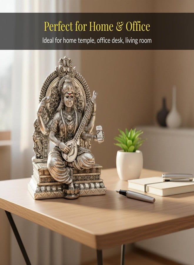 Dev Aastha Premium Silver-Plated Saraswati Idol | Saraswati maa Idol for Home Temple | Pooja Room | Study Table | Office Décor | Saraswati maa Murti for Diwali | 3.7 inch - Image 5