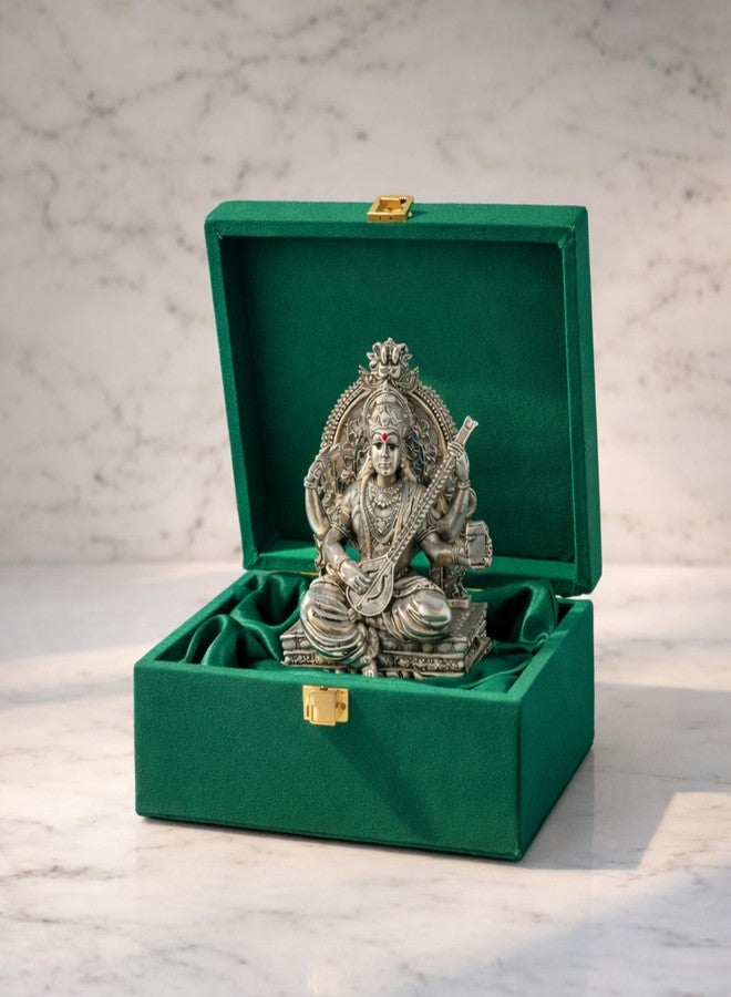 Dev Aastha Premium Silver-Plated Saraswati Idol | Saraswati maa Idol for Home Temple | Pooja Room | Study Table | Office Décor | Saraswati maa Murti for Diwali | 3.7 inch - Image 1