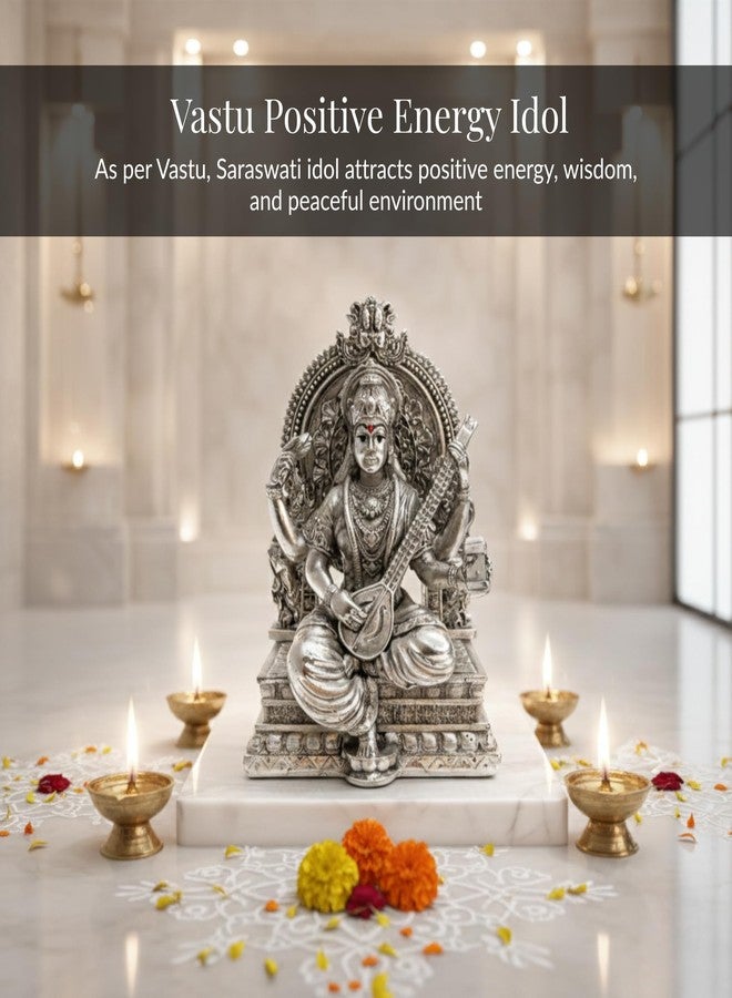 Dev Aastha Premium Silver-Plated Saraswati Idol | Saraswati maa Idol for Home Temple | Pooja Room | Study Table | Office Décor | Saraswati maa Murti for Diwali | 3.7 inch - Image 4
