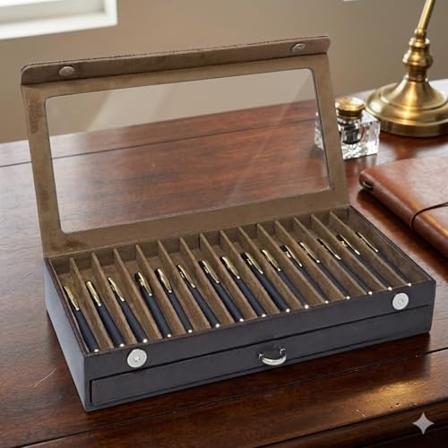 essart Faux Leather Two Level Pen Transparent Display Organizer Box for 30 pens in Snakebit-Brown Color - Image 5