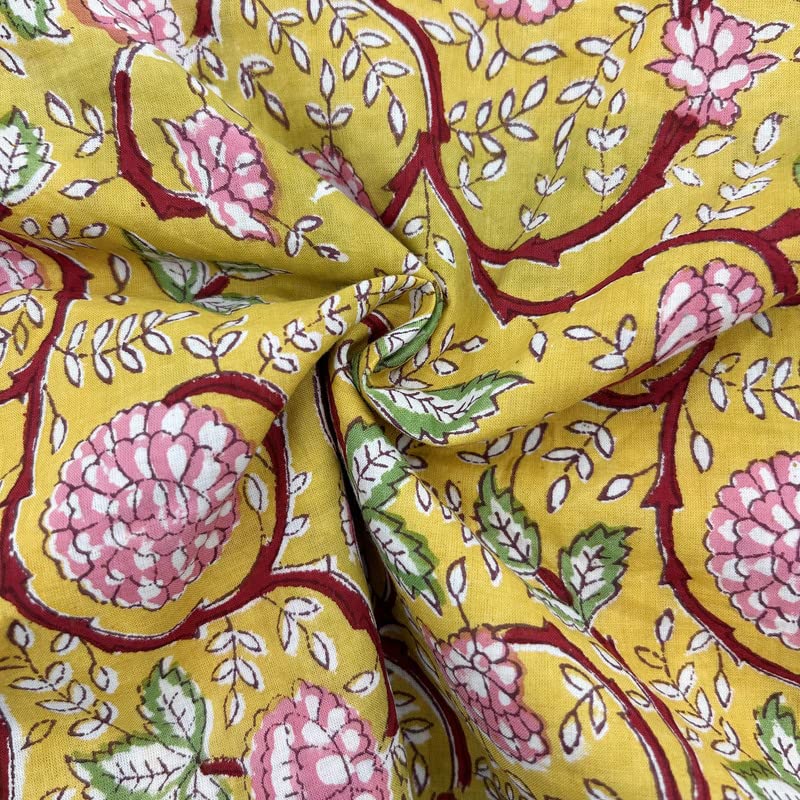 ETailor Indian Handmade Ethnic 100 Cotton Running Hand Block Print Natural Fabric for Dressmaking Sewing Crafting Upholestry Fabric by The Yards Yellow 1 Yards - Image 1