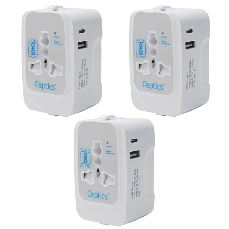 Ceptics Universal Travel Adapter with Type C, 3 in 1 Universal Adapter Plug, Travel Accessories with 2 USB A & 1 USB-C, Travel International Adapter All in One - 3 Pack - Image 1