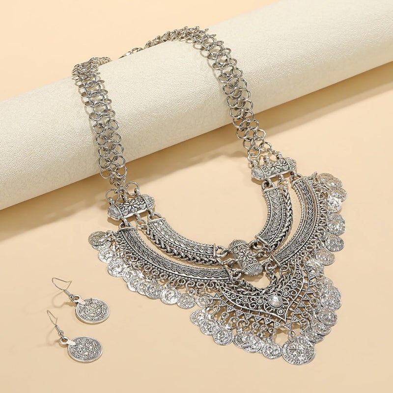 Lyhcside Fashion Bib Bohemian Statement Necklace Punk Ethnic Necklaces and Earrings Set for Women - Image 1