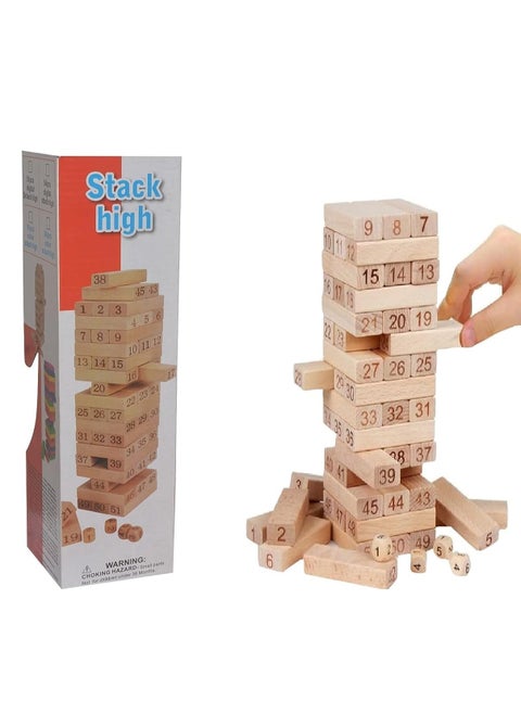 Stack High Game from Mums Planet, Classic Wooden Parquet Tower Building, Numbered, for Kids, Played by 2 or More Players, 54 Pieces, for Adults - Wooden Blocks - Group Games - Games for Friends and Family Gatherings
