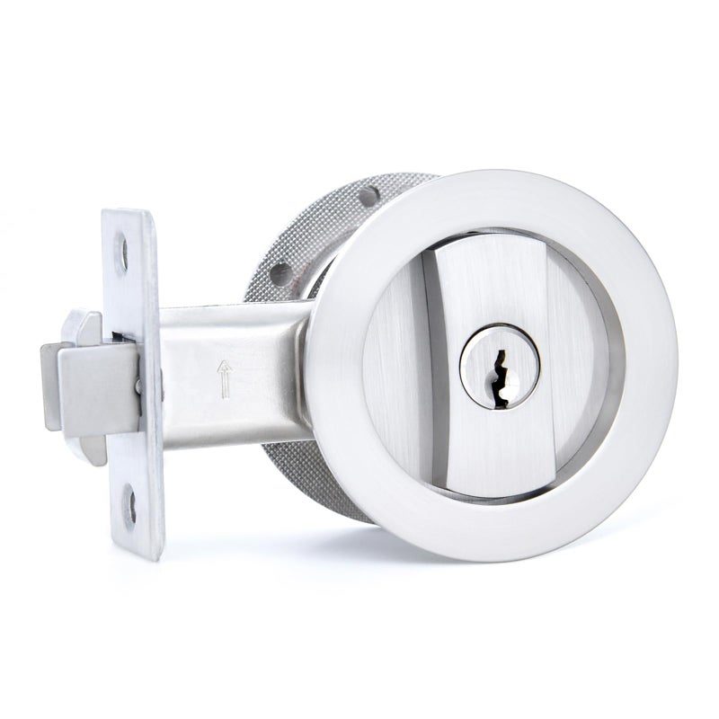 Dontay Pocket Door Keyed Lock Round Contemporary Entrance Sliding Barn Door Lock Latch Recessed 2 Sided 238 inch Backset Flush Handles HardwareBrushed Nickel1 - Image 2