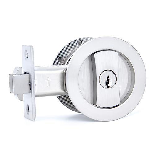 Dontay Pocket Door Keyed Lock Round Contemporary Entrance Sliding Barn Door Lock Latch Recessed 2 Sided 238 inch Backset Flush Handles HardwareBrushed Nickel1 - Image 1