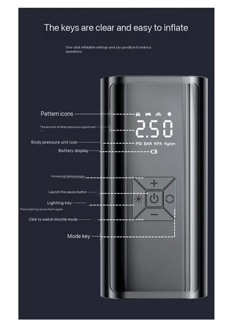 او تو او منفاخ إطارات محمول بشاشة رقمية - ضاغط هواء كهربائي قابل لإعادة الشحن عبر USB مع ضوء LED، 150 رطل لكل بوصة مربعة، للسيارة والدراجة النارية والدراجة النارية والكرات، وبطارية ليثيوم بوليمر 6000 مللي أمبير/ساعة، ومنفذ USB من النوع C ووصلة USB  - Image 2