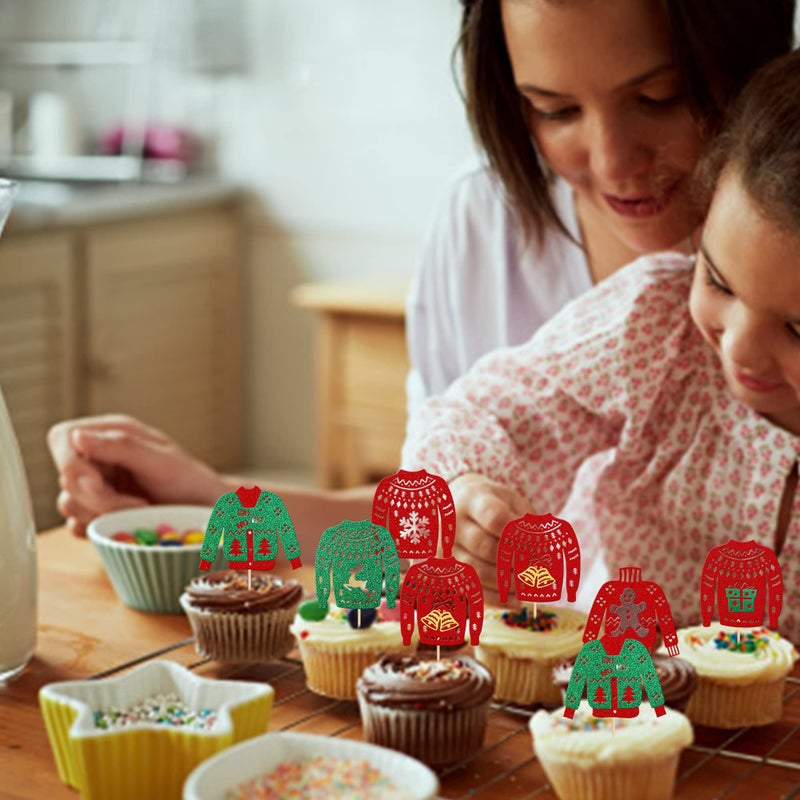 Rsstarxi 24 Pack Christmas Ugly Sweater Cupcake Toppers Glitter Ugly Sweater Christmas Tree Deer Snowflake Bell Snowman Cupcake Picks for Merry Christmas Theme Christmas Party Cake Decorations