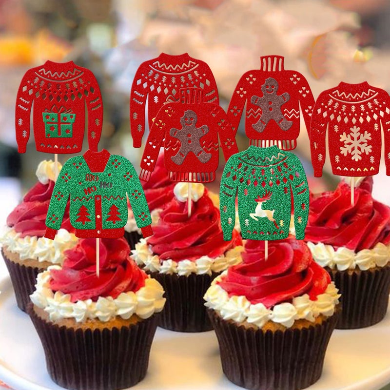 Rsstarxi 24 Pack Christmas Ugly Sweater Cupcake Toppers Glitter Ugly Sweater Christmas Tree Deer Snowflake Bell Snowman Cupcake Picks for Merry Christmas Theme Christmas Party Cake Decorations