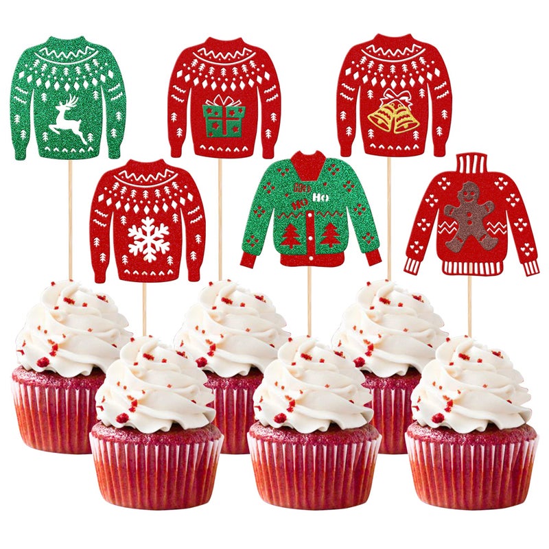 Rsstarxi 24 Pack Christmas Ugly Sweater Cupcake Toppers Glitter Ugly Sweater Christmas Tree Deer Snowflake Bell Snowman Cupcake Picks for Merry Christmas Theme Christmas Party Cake Decorations