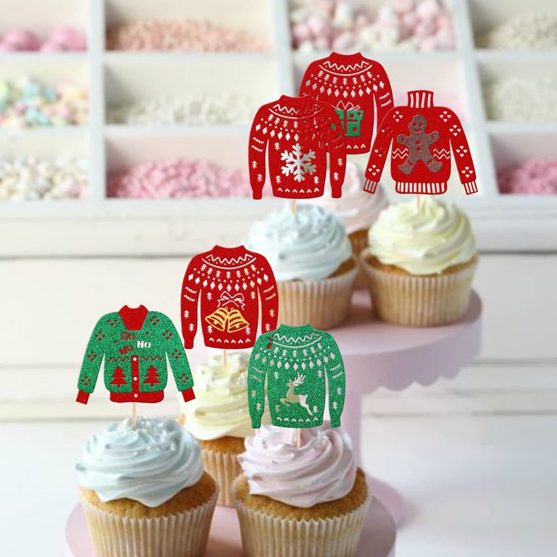 Rsstarxi 24 Pack Christmas Ugly Sweater Cupcake Toppers Glitter Ugly Sweater Christmas Tree Deer Snowflake Bell Snowman Cupcake Picks for Merry Christmas Theme Christmas Party Cake Decorations