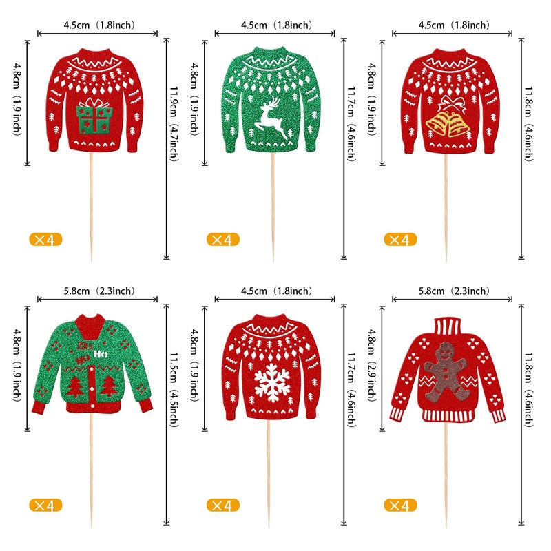 Rsstarxi 24 Pack Christmas Ugly Sweater Cupcake Toppers Glitter Ugly Sweater Christmas Tree Deer Snowflake Bell Snowman Cupcake Picks for Merry Christmas Theme Christmas Party Cake Decorations
