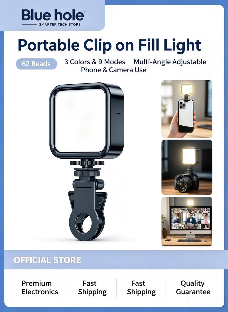 BlueHole Portable Clip on Fill Light with 62 Beads, 3 Colors and 9 Modes, Adjustable from Multiple Angles, Perfect for Selfie and Video Beauty, a Versatile Beauty Tool for Mobile Phones and Cameras - Image 1