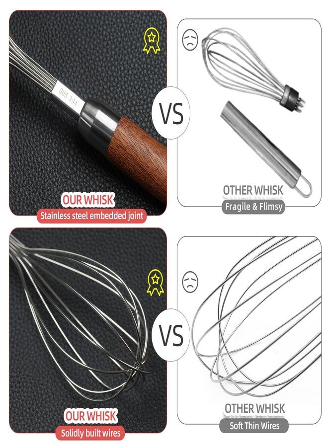 FDEYIQ Whisk for Cooking,Stainless Steel Wire Wooden Handle Kitchen Multi Function Non Stick Balloon Whisk Egg Beater for Blending Whisking Beating Frothing Stirring Batters (11"L x 2.1"W) - Image 3