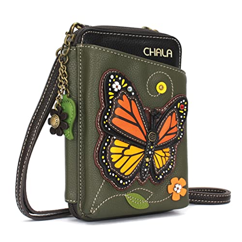 CHALA Wallet Crossbody Cell Phone Purse - Women Faux Leather Multicolor Handbag with Adjustable Strap - Monarch Butterfly - olive - Image 2