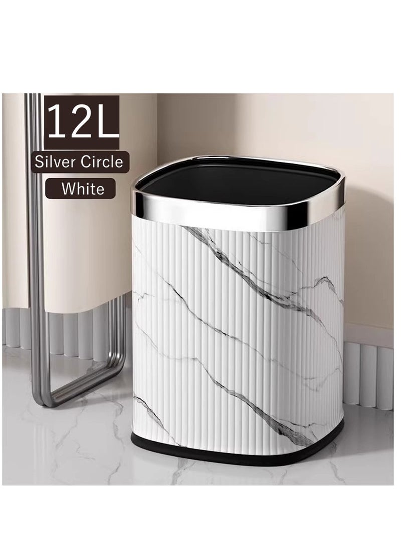 Home Trash Can, 12L Plastic Waste Bin with Leather Body Cover and Metal Circle, Square Kitchen Trash Bin Bathroom Wastebasket without Lid, for Home Office Kitchen and Dorm (White-Silver)  - Image 1