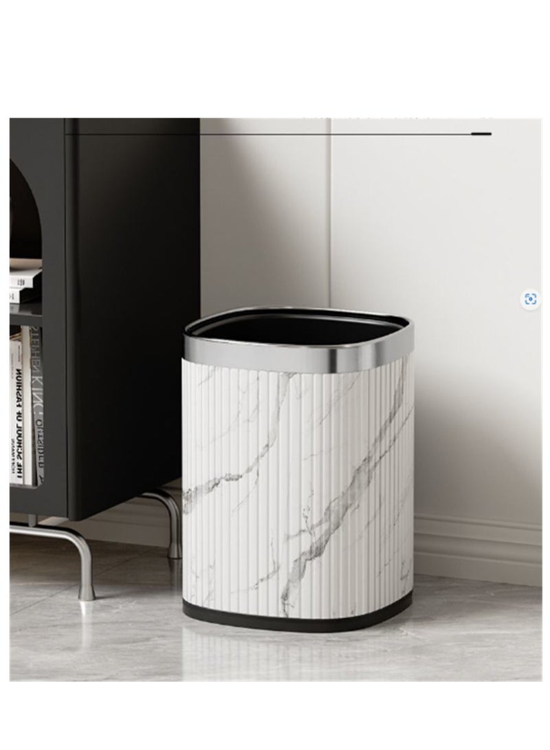 Home Trash Can, 12L Plastic Waste Bin with Leather Body Cover and Metal Circle, Square Kitchen Trash Bin Bathroom Wastebasket without Lid, for Home Office Kitchen and Dorm (White-Silver)  - Image 2