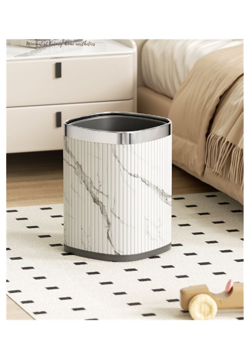 Home Trash Can, 12L Plastic Waste Bin with Leather Body Cover and Metal Circle, Square Kitchen Trash Bin Bathroom Wastebasket without Lid, for Home Office Kitchen and Dorm (White-Silver)  - Image 4