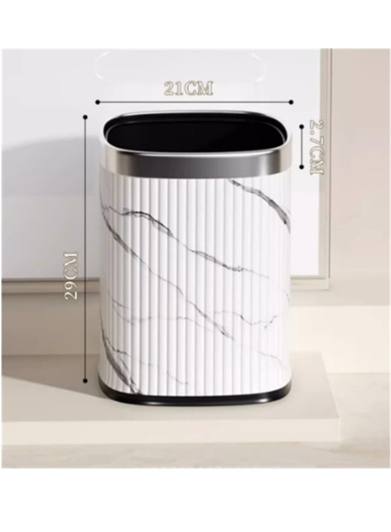 Home Trash Can, 12L Plastic Waste Bin with Leather Body Cover and Metal Circle, Square Kitchen Trash Bin Bathroom Wastebasket without Lid, for Home Office Kitchen and Dorm (White-Silver)  - Image 5