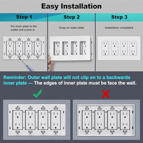CML Hardware CML Decorator Screwless Wall Plate, 4-Gang Light Switch Covers, Decor Outlet Cover Plate, Standard Size 4.68”X 8.34”, Impact Resistant, White, UL Listed - Image 5