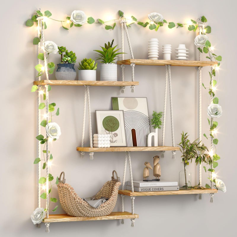 FKSLIFE Hanging Shelves for Wall,Macrame Hanging Plant Shelf with Vine Lights 5 Tier Rope Floating Shelf Wood Organizer Storage Rack Boho Wall Decor Aesthetic for Succulents Bedroom Bathroom Kitchen - Image 1