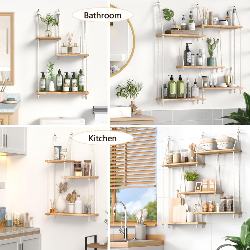 FKSLIFE Hanging Shelves for Wall,Macrame Hanging Plant Shelf with Vine Lights 5 Tier Rope Floating Shelf Wood Organizer Storage Rack Boho Wall Decor Aesthetic for Succulents Bedroom Bathroom Kitchen - Image 3