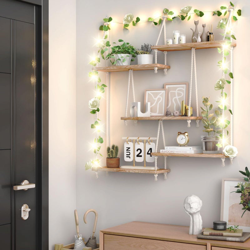 FKSLIFE Hanging Shelves for Wall,Macrame Hanging Plant Shelf with Vine Lights 5 Tier Rope Floating Shelf Wood Organizer Storage Rack Boho Wall Decor Aesthetic for Succulents Bedroom Bathroom Kitchen - Image 2