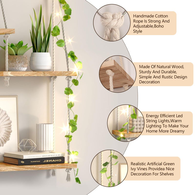 FKSLIFE Hanging Shelves for Wall,Macrame Hanging Plant Shelf with Vine Lights 5 Tier Rope Floating Shelf Wood Organizer Storage Rack Boho Wall Decor Aesthetic for Succulents Bedroom Bathroom Kitchen - Image 4