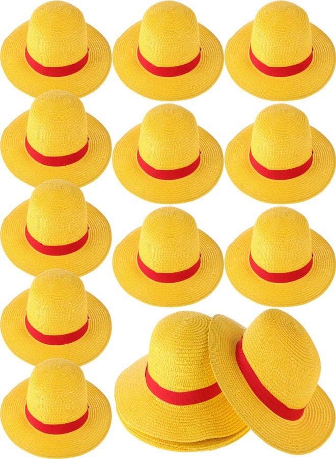 Shyyween 12 Pcs Yellow Straw Hats with Red Rope Costumes Cosplay Accessories Bulk for Summer Party Birthday Decoration(the Head Circumference Diameter Ranges from 6.5 Inches to 6.8 Inches) - Image 1