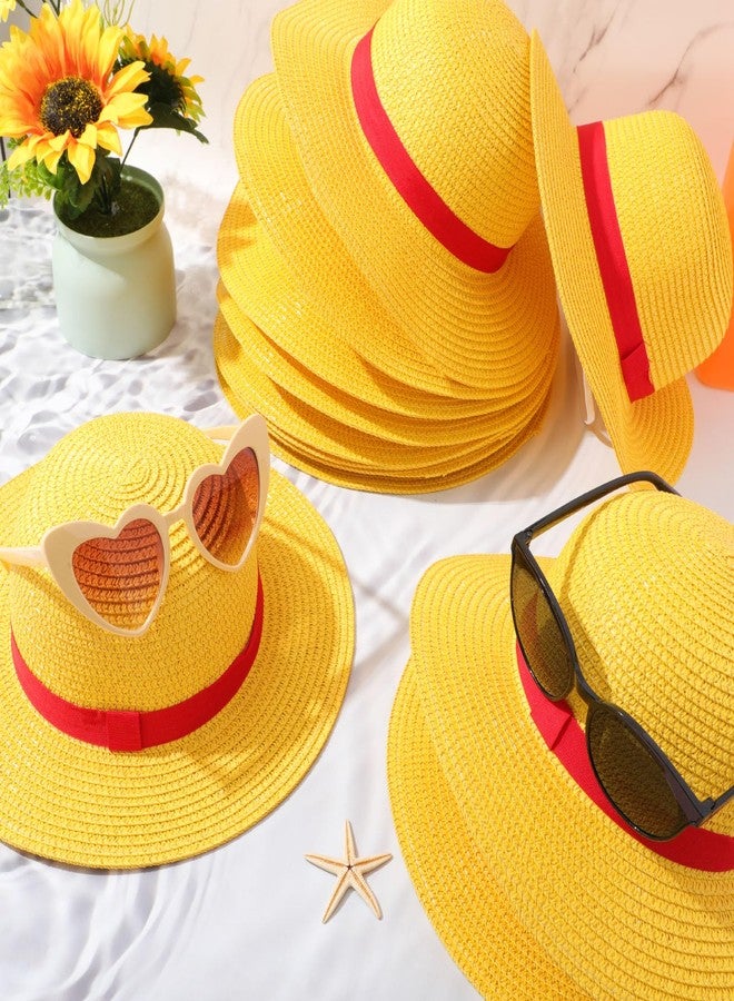 Shyyween 12 Pcs Yellow Straw Hats with Red Rope Costumes Cosplay Accessories Bulk for Summer Party Birthday Decoration(the Head Circumference Diameter Ranges from 6.5 Inches to 6.8 Inches) - Image 3
