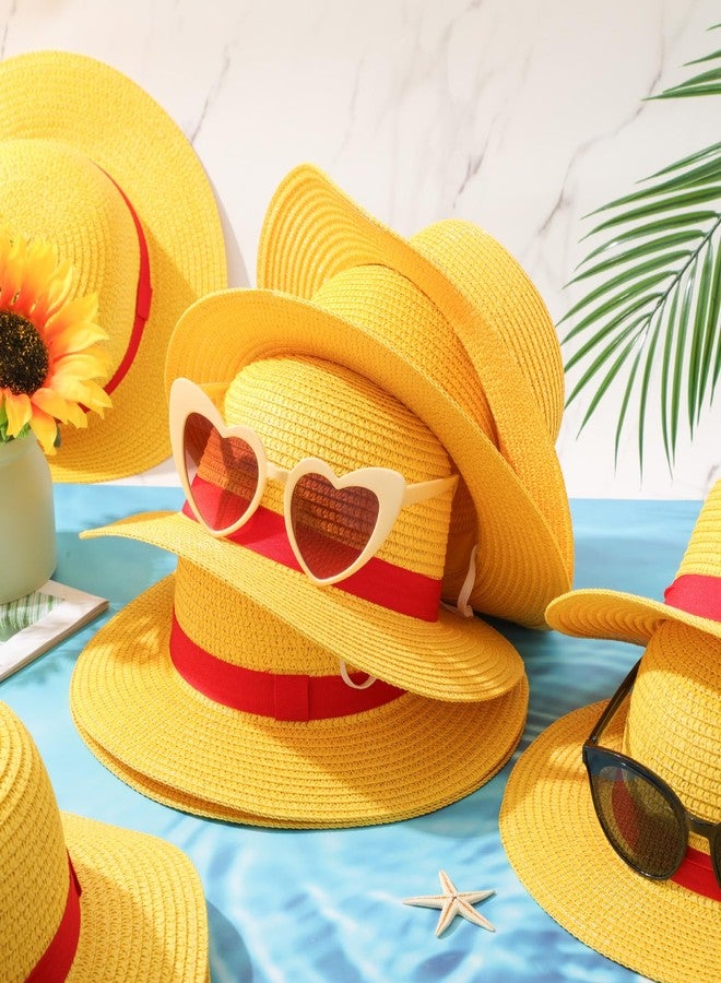 Shyyween 12 Pcs Yellow Straw Hats with Red Rope Costumes Cosplay Accessories Bulk for Summer Party Birthday Decoration(the Head Circumference Diameter Ranges from 6.5 Inches to 6.8 Inches) - Image 4
