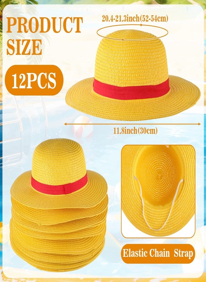 Shyyween 12 Pcs Yellow Straw Hats with Red Rope Costumes Cosplay Accessories Bulk for Summer Party Birthday Decoration(the Head Circumference Diameter Ranges from 6.5 Inches to 6.8 Inches) - Image 2