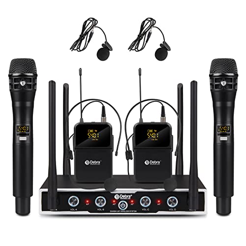 D Debra Audio Wireless Microphone System Pro DU4004 UHF 4 * 16 Adjustable Channel Wireless Handheld Lavalier Headset Mics, Ideal for Meeting Church Speech Party (2 Handheld 2 Bodypack) - Image 1
