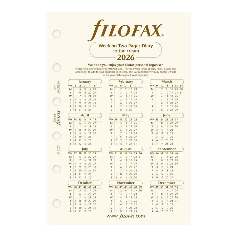 FILOFAX إعادة تعبئة مفكرة فيلوفاكس، حجم جيب، عرض أسبوعي، ورق قطن كريمي، غير مخطط، إنجليزي، 2026 (C68224-26) - Image 3