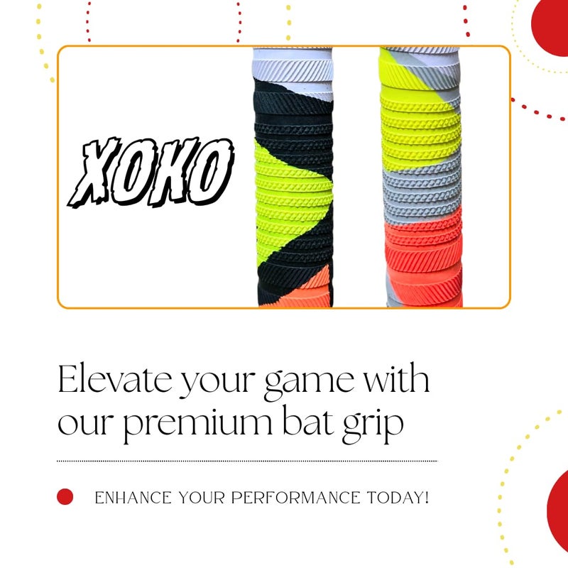 xoko Cricket Bat Grip, Multi-Coloured Non-slip Rubber, Textured Design with Black, Orange, Yellow, White and Grey Sections With Wooden Cone. - Image 3