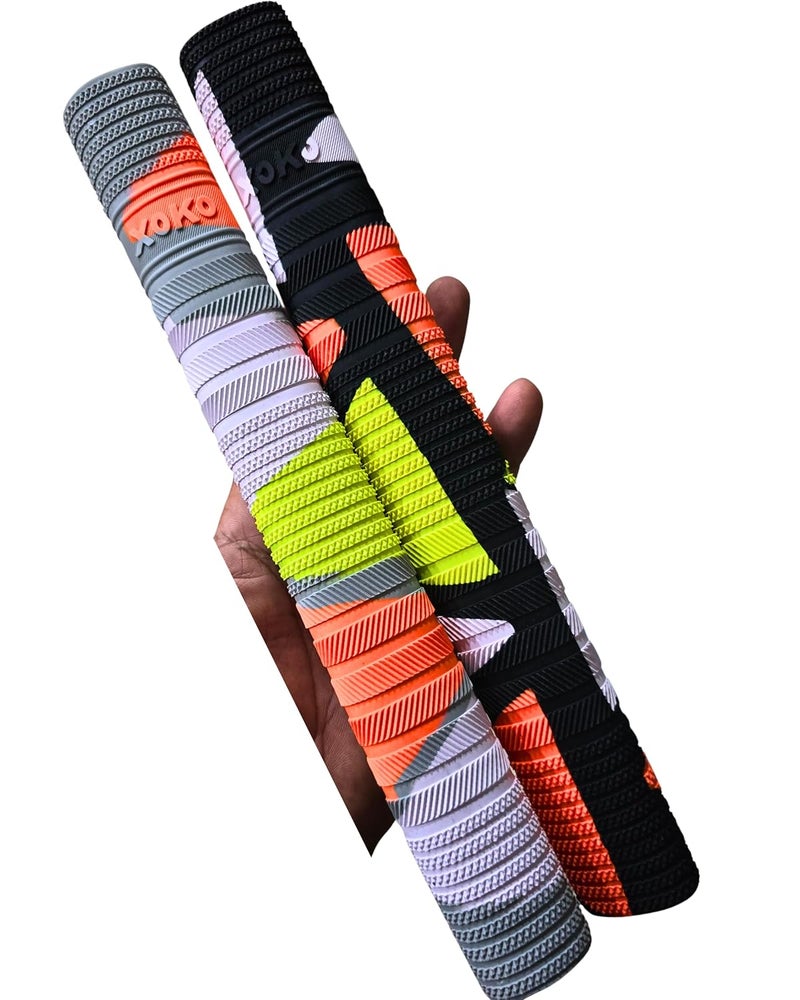 xoko Cricket Bat Grip, Multi-Coloured Non-slip Rubber, Textured Design with Black, Orange, Yellow, White and Grey Sections With Wooden Cone. - Image 2